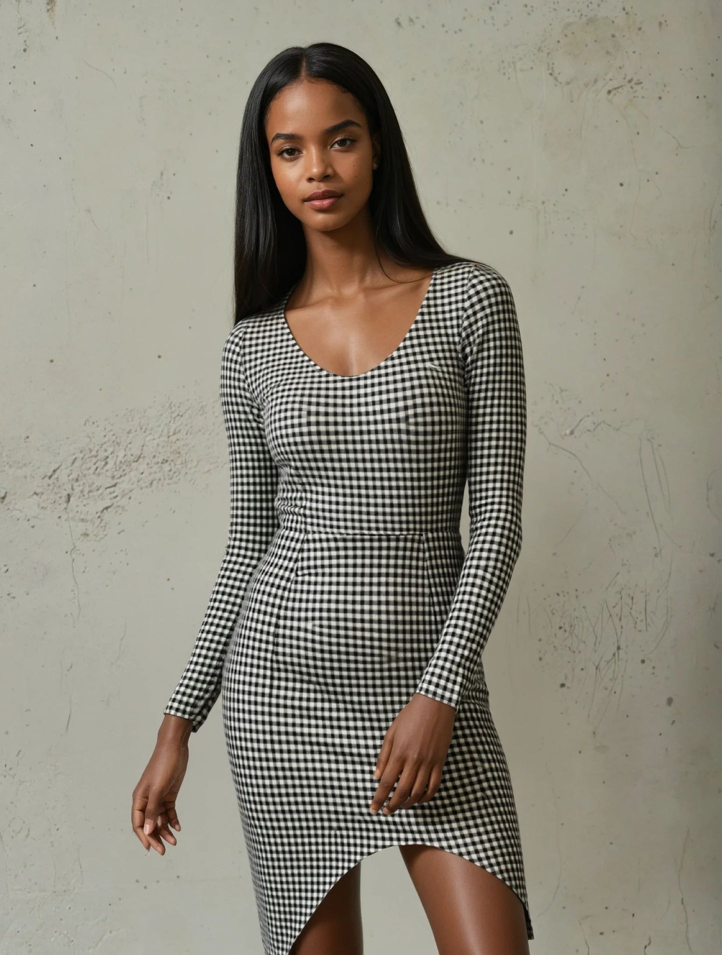 Das Model trägt das Rina Kleid im Trend Muster Hahnentritt in schwarz und weiß