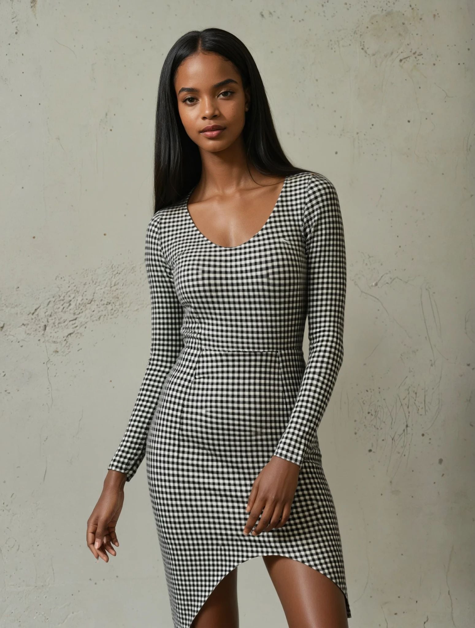 Das Model trägt das Rina Kleid im Trend Muster Hahnentritt in schwarz und weiß 